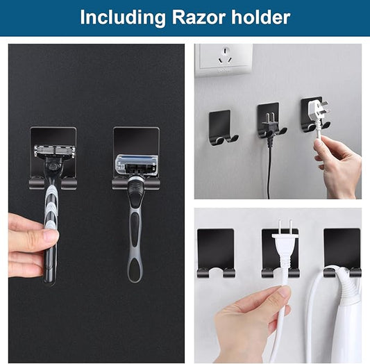 Diesisa Razor Holder for Shower + Adhesive Wall Hooks, Premium 304 Stainless Steel Shower Razor Holder with Heavy Duty Waterproof Sticky Hooks for Hanging Towels, Coat, hat (4+4 Pack) - Black