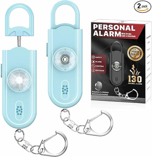 Personal Safety Alarm Keychain for Women 2PCS -130 dB Loud Siren with SOS Strobe Light, Flashlight, Double Speakers, Safe Defense Key Chain for Girls Kids Elders Emergency Call