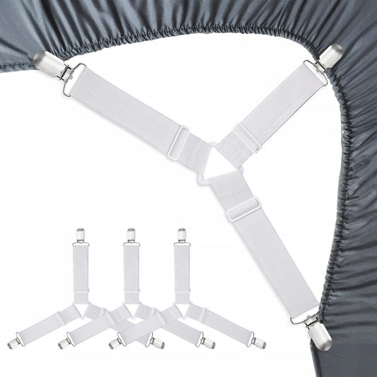 Bed Sheet Fasteners, Adjustable Mattress Suspenders, Mattress Cover Straps, Bed Corner Holder and Keepers and the Bed Sheet Grippers Clips (Triangle White Set of 4) Dormly
