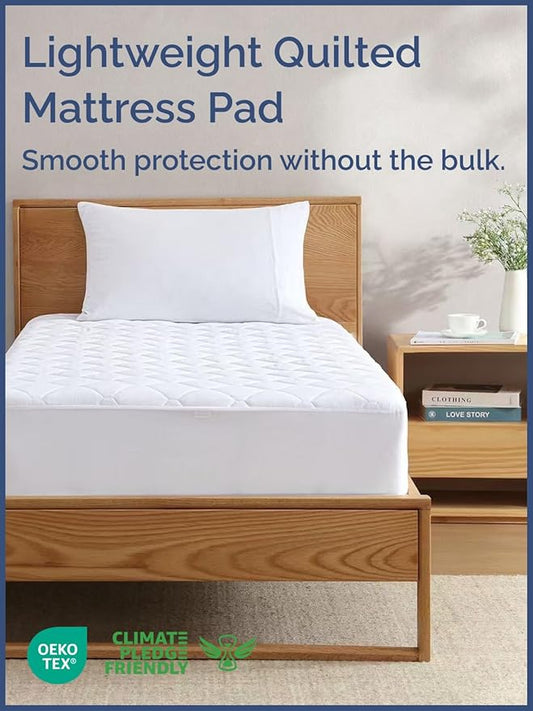 Quilted Fitted Mattress Pad Twin Size - Elastic Fitted Mattress Topper Protector & Cover - Breathable, Soft, Low Profile Top Cover with 8-16 Inch Deep Pockets - Easy-Fit and Machine Washable - White
