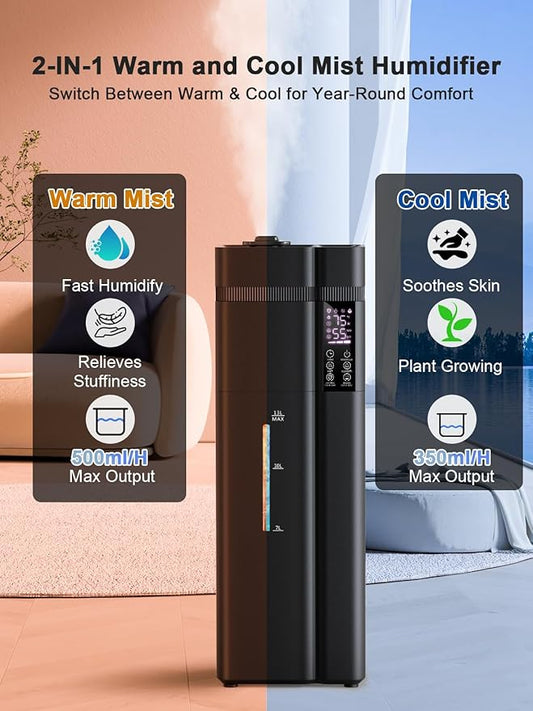 13L/3.4Gal Humidifiers for Bedroom, Ultrasonic Warm & Cool Mist Humidifier Large Room, Covers 800ft², 72H Runtime, 24H Timer, 3 Mist Modes Top Fill Quiet Humidifiers for Home, Office, Black