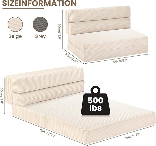 Folding Sofa Bed, Convertible Sleeper Chair with Pilow Foldable Matress, 2 in 1 Pull Out Loveseat Sofa Portable Fold Out Chair Bed Floor Couch Lounge for Living Room Bedroom (Beige, Twin)