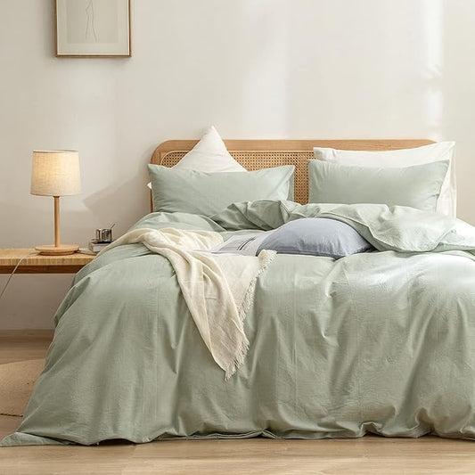 BESTOUCH Duvet Cover Set 100% Washed Cotton Linen Feel Super Soft Comfortable Chic Lightweight 3 PCs Home Bedding Set Solid Sage Green Full/Double