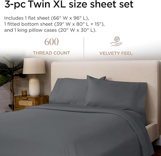 Threadmill 100% Cotton Sheets for Twin XL Size Bed - 600 Thread Count Twin XL Bed Sheets Set with 15โ Deep Pocket - Sateen Weave 3-Piece Bedding Set with Cooling Effect, Dark Grey