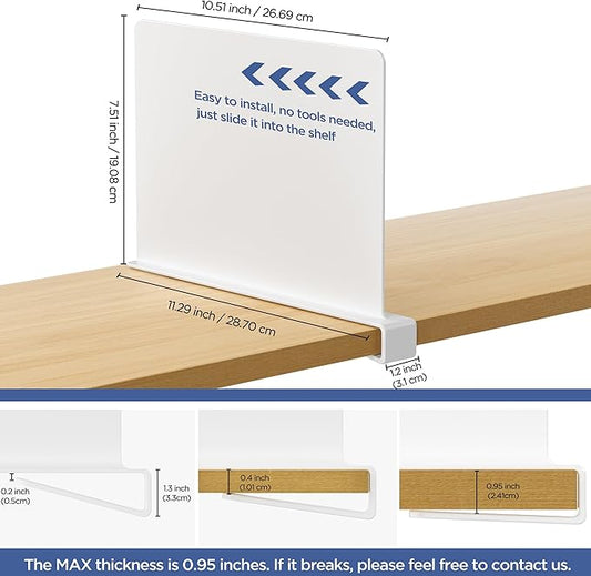 HBlife 8 Pcs White Acrylic Shelf Dividers, Vertical Purse Organizer for Closet Perfect for Sweater, Shirts, Handbags in Bedroom and Kitchen, Closet Separators for Organization Cabinet