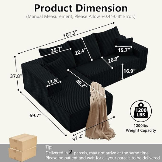 107" Modular Sectional Couches for Living Room, Comfy Boneless L Shaped Cloud Couch with Chaise Lounge, Modern Cozy Corduroy Deep Seat Floor Sofa, Memory Foam, No Assembly Required, Black