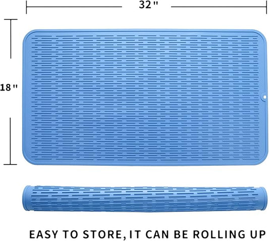 Silicone Dish Drying Mat for Multiple Usage,Easy clean,Eco-friendly,Heat-resistant Silicone Mat for Kitchen Counter or Sink,Refrigerator or Drawer Liner Lichen BlueL 4XL 32 inches x 18 inches
