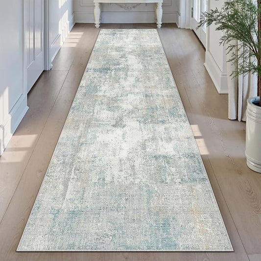 2x10 Washable Runner Rug Blue Cream Abstract Hallway Kitchen Throw Rug Neutral Modern Non Slip Soft Low Pile Lightweight Carpet for Bathroom Laundry Bedroom Living Room