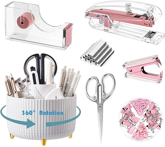 Desk Organizers and Accessories Set with 360-Degree Rotating Pen Holder, Acrylic Stapler, Tape Holder, Staple Remover, Binder/Paper Clips Kit, Scissor and 1 Box of Staples