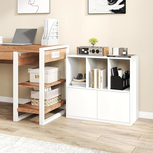 GOFLAME 3 Cube Bookcase with Doors, 3-Tier Cubby Book Shelf with 3 Open Compartments, Cabinet, Wooden Small Display Shelf, Freestanding Cubic Storage Organizer for Living Room, Study (1,White)