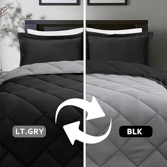 HIG 3pc Black Queen Size Comforter Set-All Season Reversible Down Alternative Comforter with Two Shams -Quilted Duvet Insert with Corner Tabs - Diamond Stitched Blanket - Breathable, Soft, Fluffy