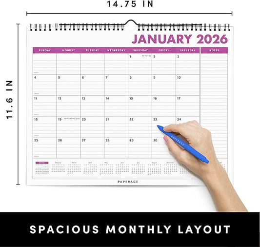 PAPERAGE 2026 Calendar, 12 Months (January 2026 - December 2026), Medium (11.5 in x 14.75 in), Minimalist Wall and Desk Calendar with Monthly Views, Yearly Plans & Notes Section – Raspberry