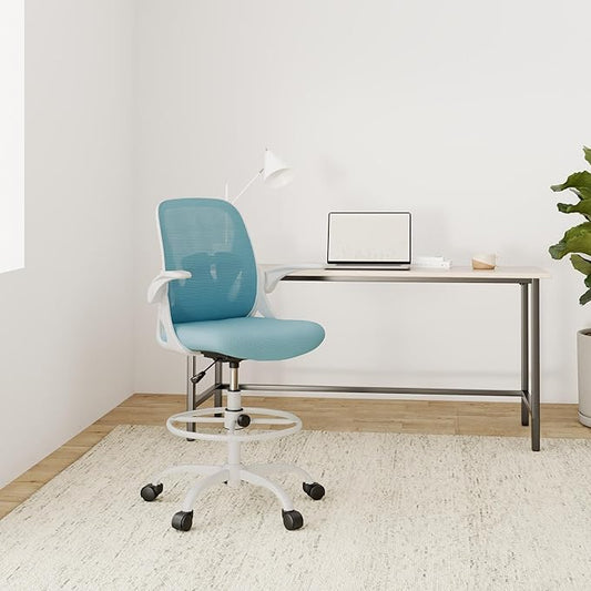 Primy Drafting Chair Tall Office Chair with Flip-up Armrests Executive Ergonomic Computer Standing Desk Chair with Lumbar Support and Adjustable Footrest Ring(Blue)