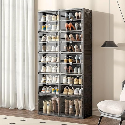 Shoe Rack Organizer Cabinet for Closet Entryway,Clear Shoe Storage Boxes Stackable Sneaker Storage with Door Easy Assembly Black Shoe Cabinet with Lids Large 9 Tiers 36 Pairs