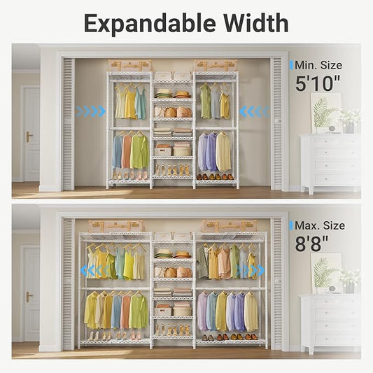 VIPEK X3 Plus Large Expandable Closet Rack Adjustable from 5'10" to 8'8" with Extendable Shelves and Hanger Rods, Freestanding Clothing Racks Modular Closet Systems Wardrobe, Max Load 1360LBS, White