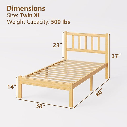 14 in High Solid Bamboo Wood Twin XL Bed Frame with Headboard, Platform Twin XL Size Bed Frame, Heavy Duty, No Box Spring Needed, Nosie Free