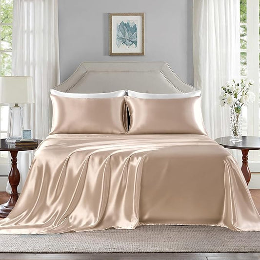 Satin Sheets California King Size - 4 Pieces Luxury Silky Soft Bed Sheets, Wrinkle-Free Champagne Satin Silk Sheet Set with 1 Deep Pocket Fitted Sheet, 1 Flat Sheet, 2 Pillow Cases