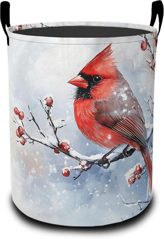 Cardinal BirdLaundry Basket,Winter Flowers Large Canvas Fabric Lightweight Storage Hamper Organizer Dirty Clothes Collapsible Waterproof for College Dorms,Bathroom