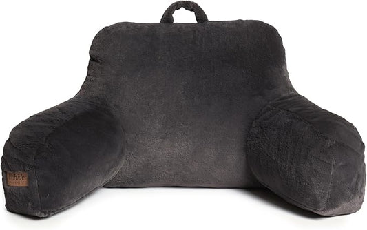 UnHide Squish Backrest Pillow - A Large Pillow with Arms for Sitting Up in Bed, Reading or Lounging - Removable, Washable Faux Fur Cover, Charcoal