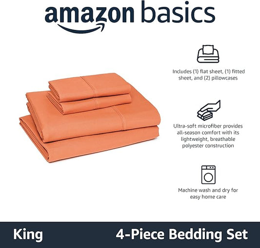 Amazon Basics Lightweight Microfiber 4-Piece Bed Sheet Set, Brick, Solid, King AmazonBasics