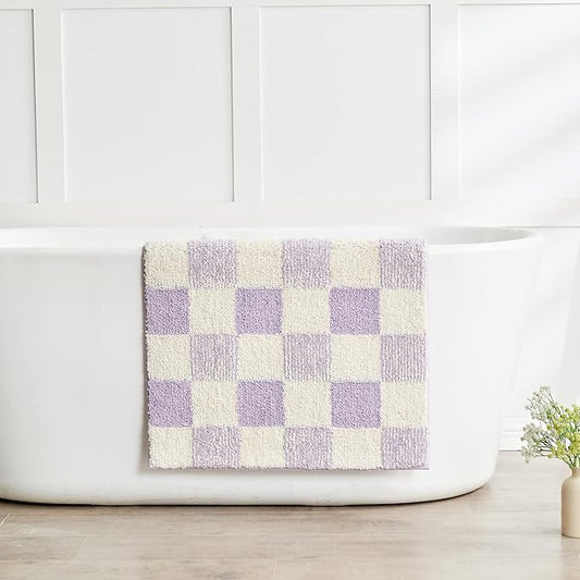 CozeCube Bath mats for Bathroom Non Slip, Fluffy Absorbent Microfiber Bath mat Washable, Aesthetic Bathroom Rugs, Large Purple Checkered Bath mat, Lavender, 36" x 24"