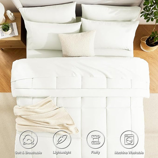 CozyLux Queen Size Comforter Set Ivory - 7 Pieces Bed in a Bag, Cream Off White Comforter Queen Size, Bedding Sets with All Season Quilted Comforter, Flat Sheet, Fitted Sheet, Pillowcases