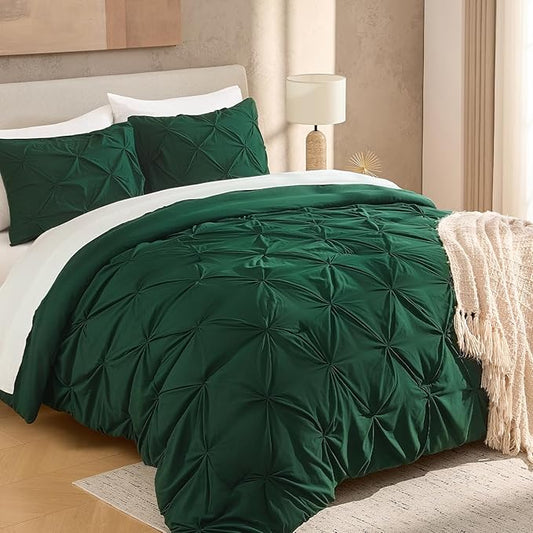 Andency Dark Emerald Green Comforter Set Full, 3 Pieces Pinch Pleat Chic Bed Comforters & Sets, All Season Soft Lightweight Microfiber Boho Bedding Comforter Set(79x90In Comforter)