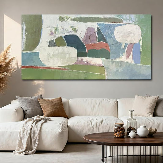 YETHEN WAL Oversized Green Abstract Canvas Wall Art 29×58 in, Large Horizontal Textured Painting for Living Room Sofa Wall, Neutral Earth Tone Decor