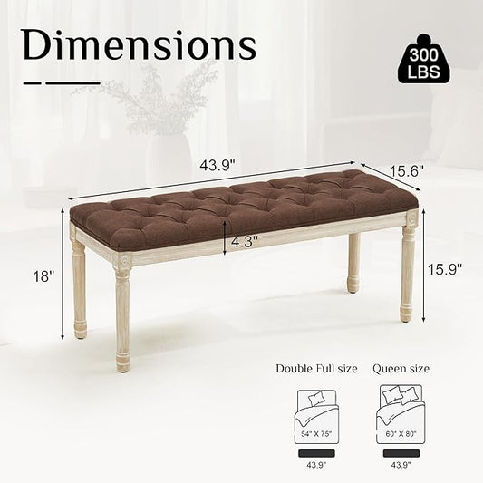 LOULENS 43.9" Linen Fabric End of Bed Bench, Vintage French Upholstered Button Tufted Entry Bench, Window Seat with Carved Wood Legs for Bedroom, Living Room, Entryway, Foyer, Hallway, Brown