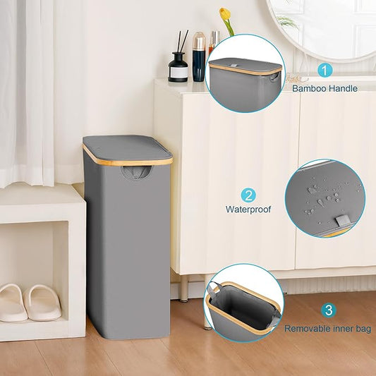 efluky Slim Laundry Basket with Lid, Narrow Laundry Hamper with Removable Bag, Skinny Dirty Clothes Basket with Bamboo Handles for Bathroom, Bedroom & Laundry Room, 65L Grey