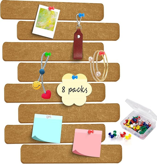 8Pcs Bulletin Board Strips, Felt Pin Board Strips with 50 Pushpins, Self Adhesive Cork Strips for Office Classroom Wall Decor,Bulletin Board Bar for Paste Photos, Notes, Schedules (Yellow)