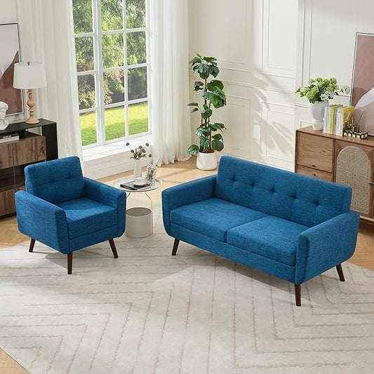 Tbfit Mid Century Modern Sofa Couch, Blue, Loveseat & Accent Chair