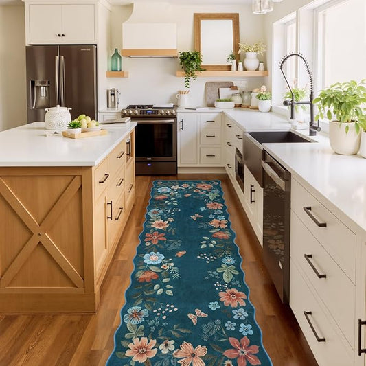 Lahome Floral Washable Runner Rug, 2'6''x8' Soft Hallway Runner Rug Non Slip, Boho Ultra-Thin Kitchen Runners for Hallways with Rubber Backing Carpet for Laundry Bedroom Bathroom(Navy Blue)