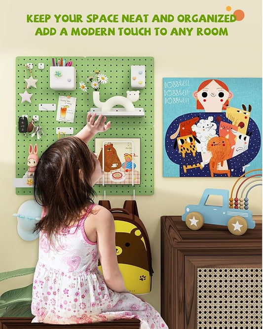 Metal Pegboard Combination Kit — 4 Carbon Steel Pegboards with 26 Accessories, Pegboard Wall Organizer for Home, Office, Study Room, Kitchen, Garage & Craft Room — 24″ × 24″ Green Peg Board