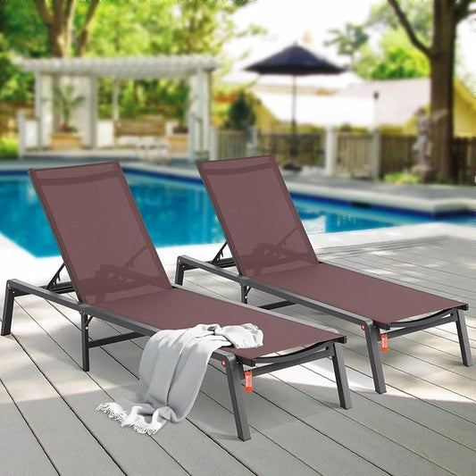 VEVOR 2 Pcs Chaise Lounge Chairs Outdoor, Aluminum Patio Lounge Chair with Adjustable 5-Position, Folding Pool Chairs Recliner and Full Flat Tanning Chair for Patio, Beach, Pool, Brown, 2 pcs