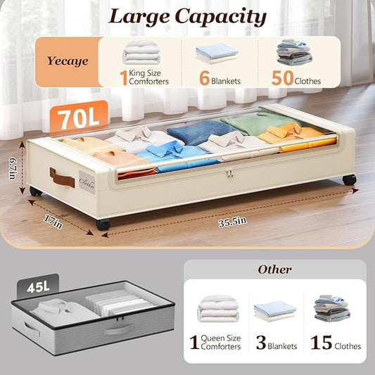 Yecaye Under Bed Storage with Wheels 2Pack, 70L Larger Capacity Under Bed Storage Containers, Underbed Shoe Storage Organizer, Rolling Under Bed Metal Drawers for Clothes, Blankets(35.5 x 17 x 6.7in)