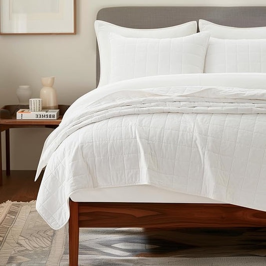 EVERGRACEHOME 100% Cotton Box Stitch Quilt Bedding Set King Size 3 Pieces, Garment-Washed Lightweight Soft Cozy Coverlet, Oversized Quilted Bedspread Sets with 2 Shams for All Season, Bright White