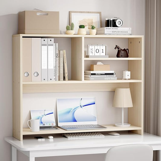 Jerry & Maggie Desktop Bookshelf Organizer, 4-Tier Desk Shelf with Hutch for Computer Desk, Wall Shelf Organizer & Room Decor Aesthetic, Dorm & Office Storage for Books, Laptop (White Wood/38 in)