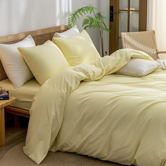 BESTOUCH Duvet Cover Set 100% Washed Cotton Linen Feel Super Soft Comfortable Chic Lightweight 3 PCs Home Bedding Set Solid Light Yellow King