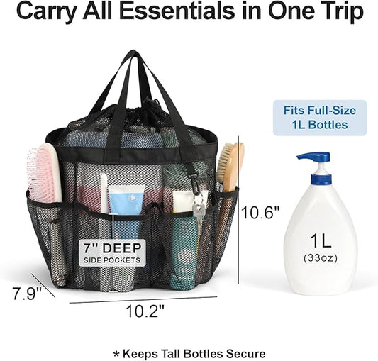 F-color Mesh Shower Caddy Portable with Drawstring - Upgrade Deeper 7 Pockets Dorm Room Essentials for Guys Girls with S Hook, Shower Bag Basket Tote for College Camping Gym Toiletry Bathroom, Black