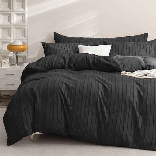 JELLYMONI Duvet Cover Twin Size Black - 3PCS Boho Striped Duvet Cover Set Polyester Tufted Bohemian Textured Comforter Cover 68×90in with Corner Ties & Zipper and 2 Pillowcases