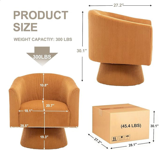 Swivel Accent Chair, Modern 360° Barrel Chair, Corduroy Upholstered Single Sofa for Living Room, Bedroom(Mustard)