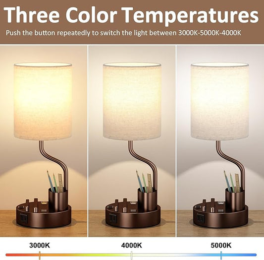 Bedside Table Lamps for Bedroom Set of 2 - Beige Nightstand Lamp with AC Outlet Charging Port and USB A C, 3 Color Temperatures, Included Phone & Pen Holder, Brown Night Stand Lamps for Guest Room