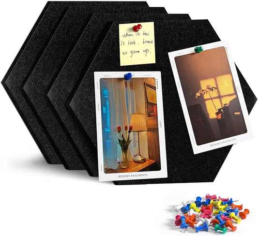 12" Large Bulletin Board with 15 Push Pins, Pack of 4 Hexagon Felt Pin Board Notice Boards for Home Office, Felt Wall Tiles for Photos Memos (Black)