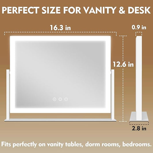 ROLOVE Lighted Makeup Mirror 16.3"x12.6", Hollywood Vanity Mirror with 10X Magnifier, 3 Color LED Lighting Modes, Smart Touch Control & 360° Rotation, Tabletop Makeup Mirror (White, Gift Ready)