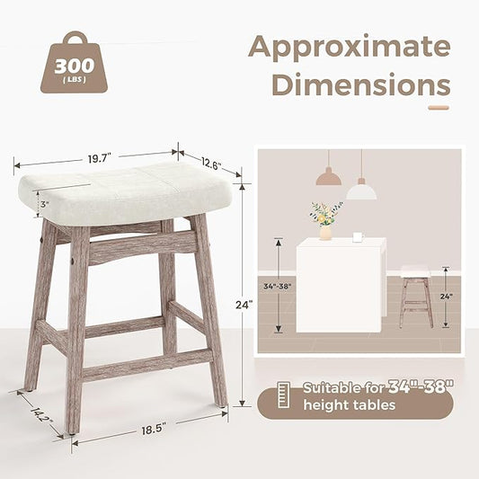 MAISON ARTS Counter Height Bar Stools Set of 4 for Kitchen Counter Solid Wood Legs with Fabric Saddle Seat Farmhouse Barstools for 34"-38" Counter Island Upholstered Stools, 24in, Creamy White