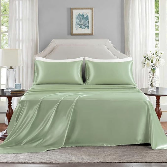 Satin Sheets Queen Size - 4 Pieces Luxury Silky Soft Bed Sheets, Wrinkle-Free Sage Green Satin Silk Sheet Set with 1 Deep Pocket Fitted Sheet, 1 Flat Sheet, 2 Pillow Cases