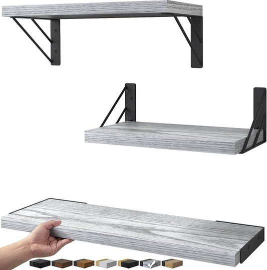 BAYKA Wall Shelves for Bedroom Decor, Floating Wall Shelves for Living Room Kitchen Storage, Mounted Rustic Wood Floating Shelves for Kids Books,Corner Shelves for Bathroom(Gray White,Set of 3)