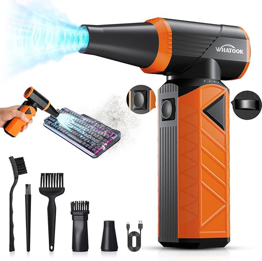 WHATOOK Updated Compressed Air Duster: Air Blower with Stepless Speed Regulation Mode, 180000RPM Electric Air Duster with Brushless Motor, Air Duster for Keyboard, PC, Car and Home Cleaning(Orange)