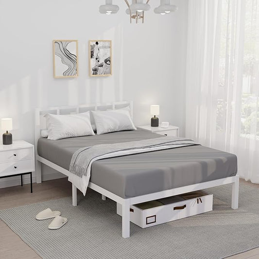14 Inch Bamboo Bed Frame – Solid Wood Platform Bed Frame, Strong and Stable, with Non-Slip Slats for Support, No Box Spring Needed, Easy to Assemble, Noise-Free (White, Full with Headboard)